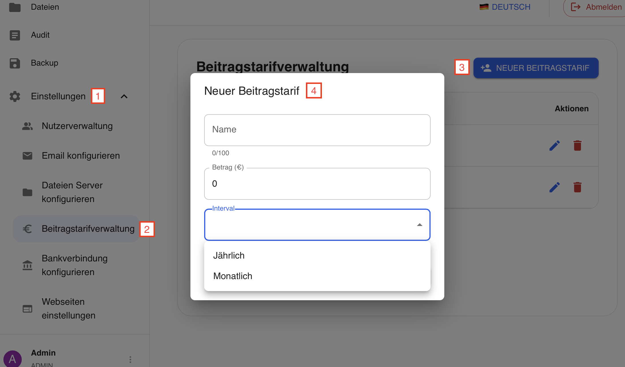 Screenshot Beitragstarifverwaltung