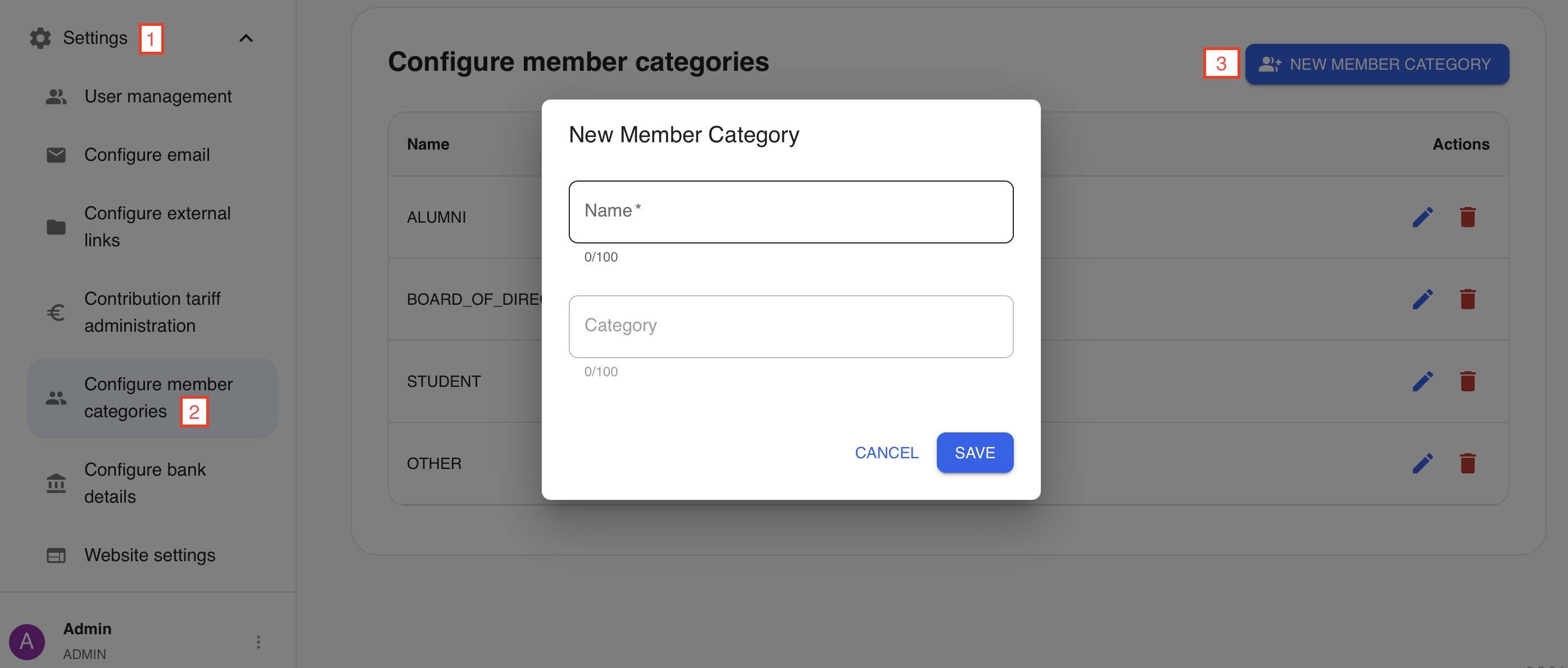 Screenshot configure member categories