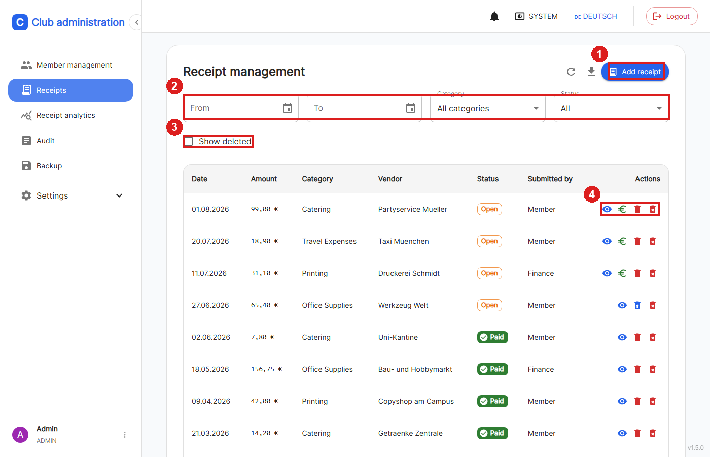 Screenshot receipts overview