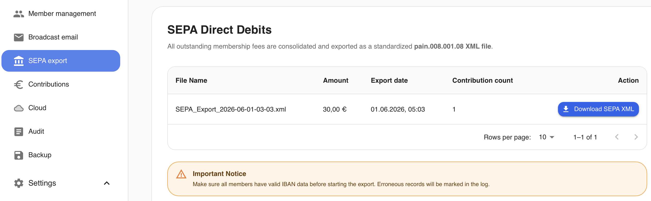 Screenshot SEPA Export