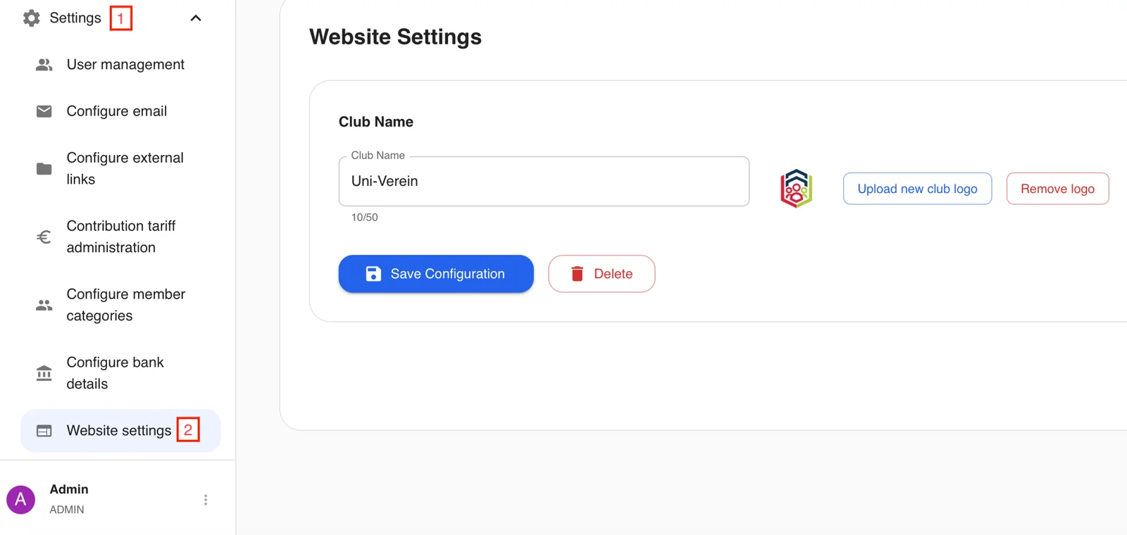 Screenshot website settings