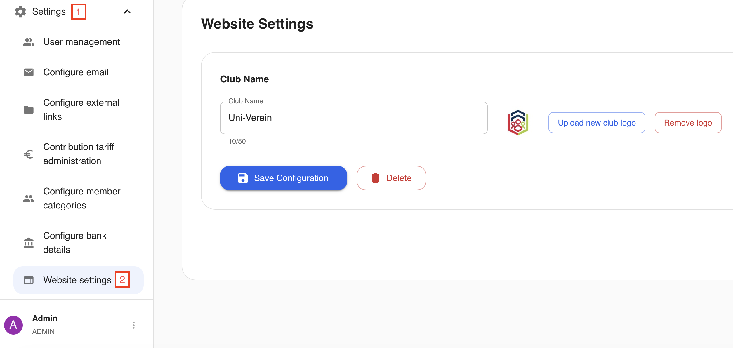 Screenshot website settings