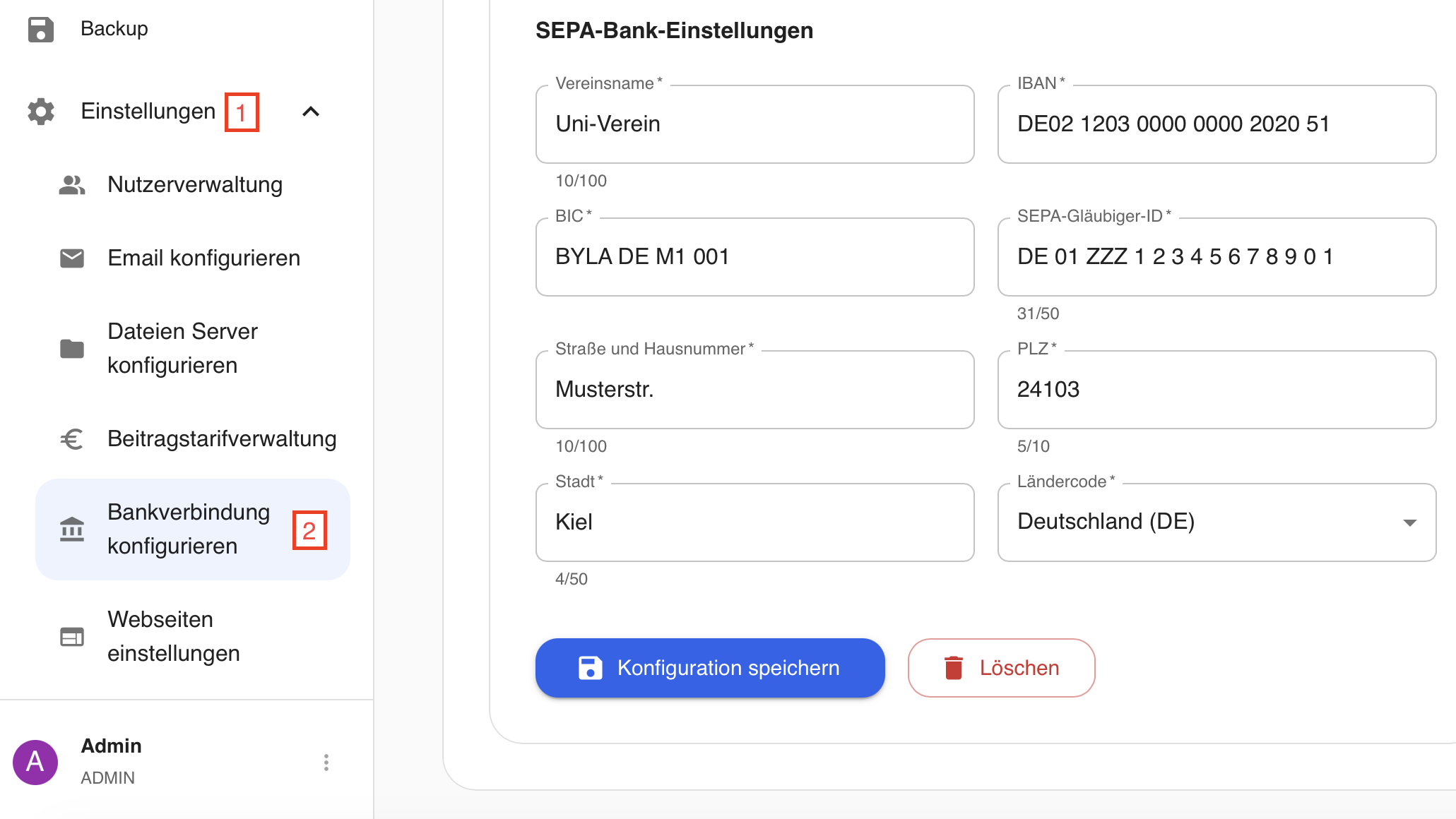 Screenshot Configure Bank Account