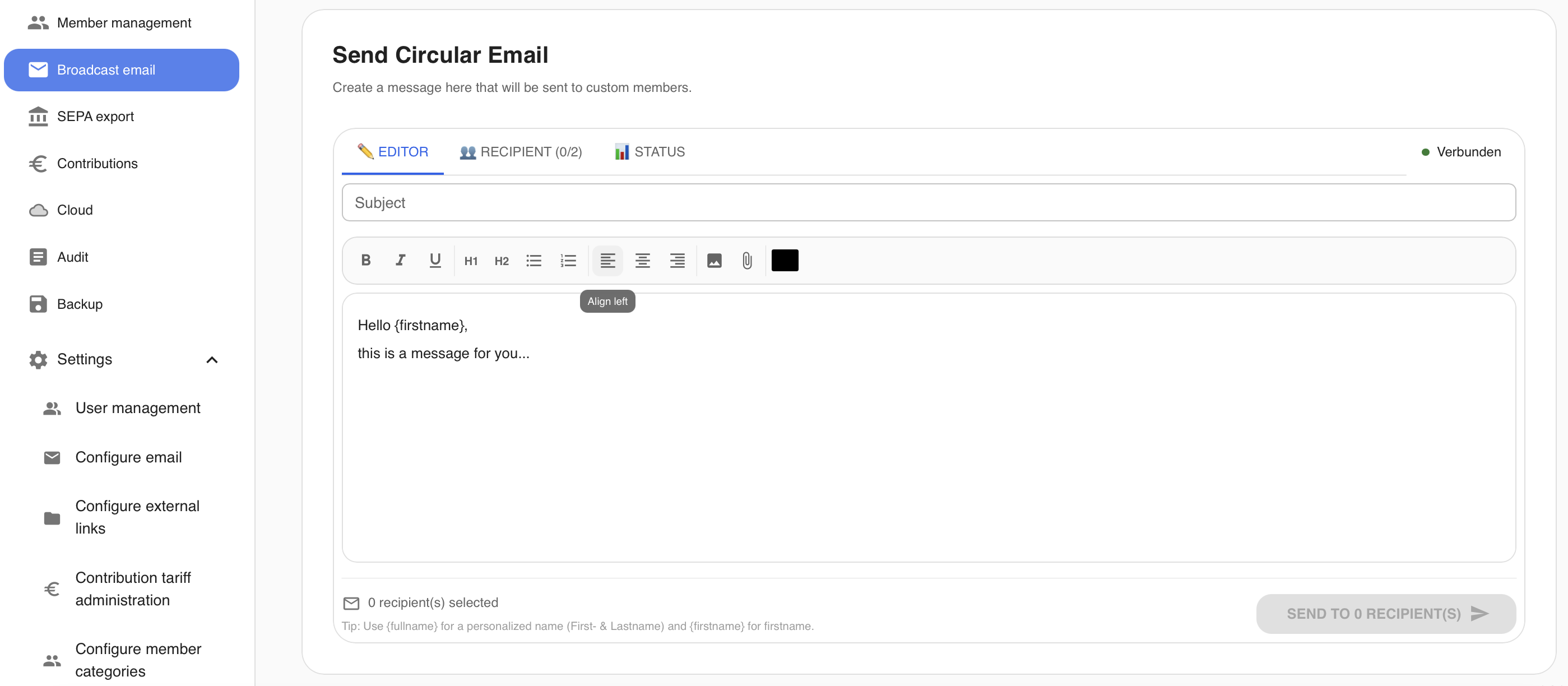 Screenshot broadcast_mail editor