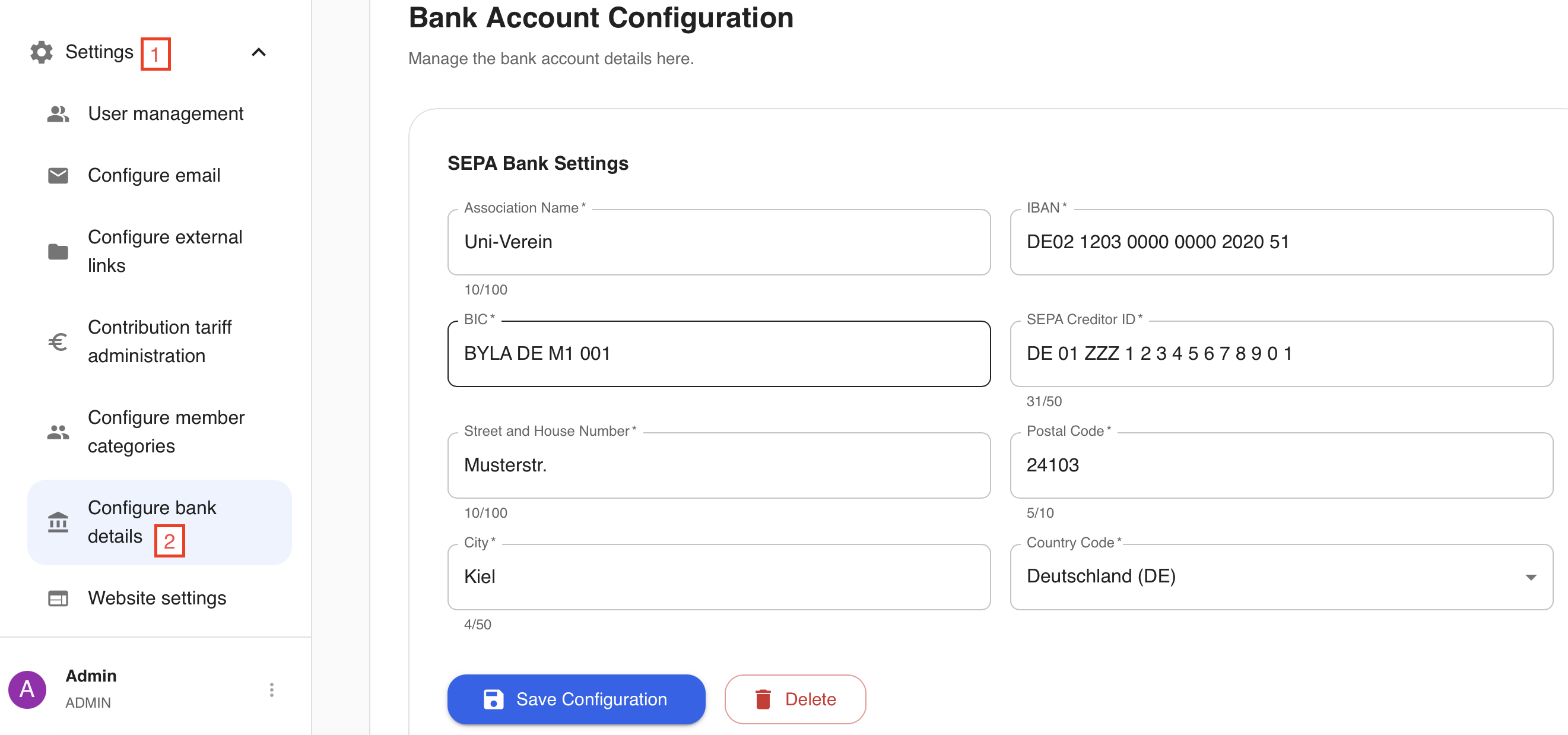 Screenshot configure bank details