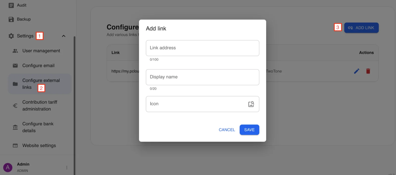 Screenshot configurate external links