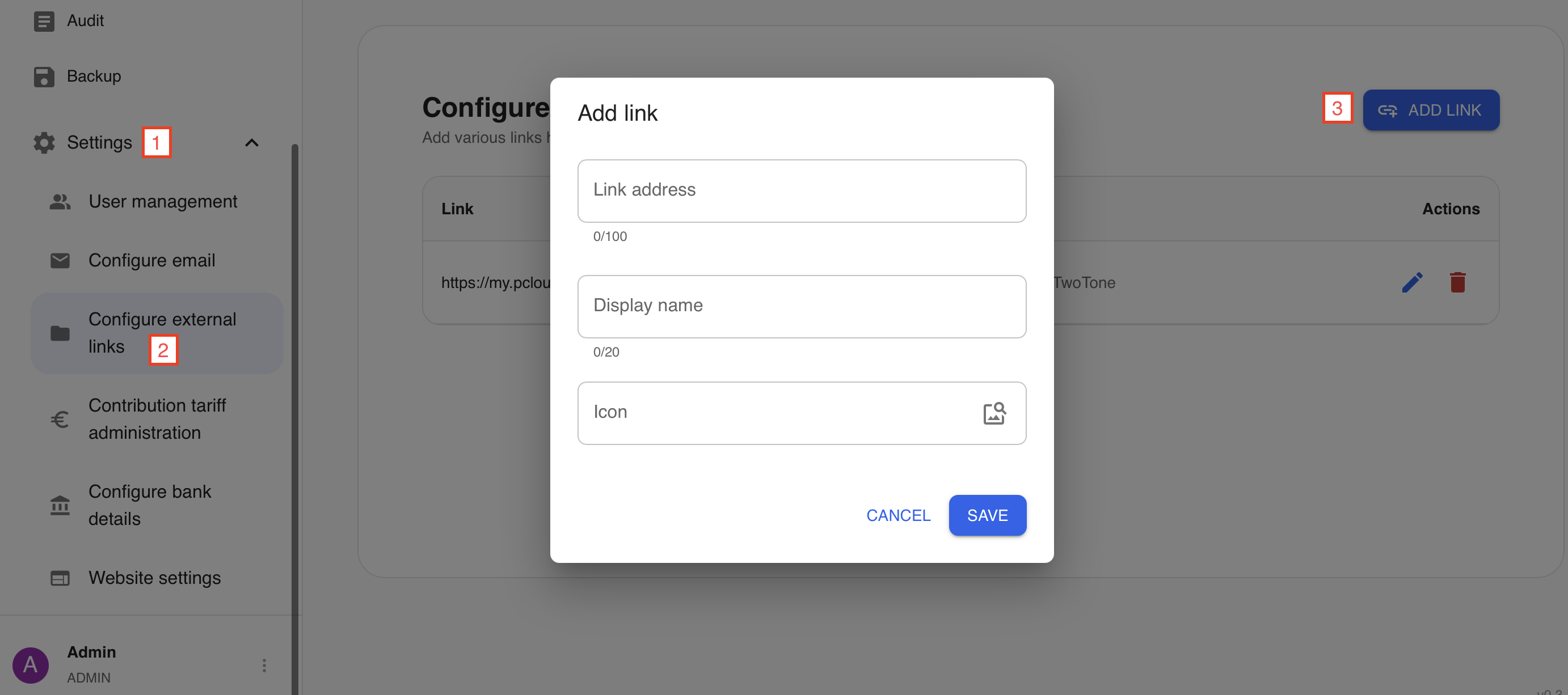 Screenshot configurate external links