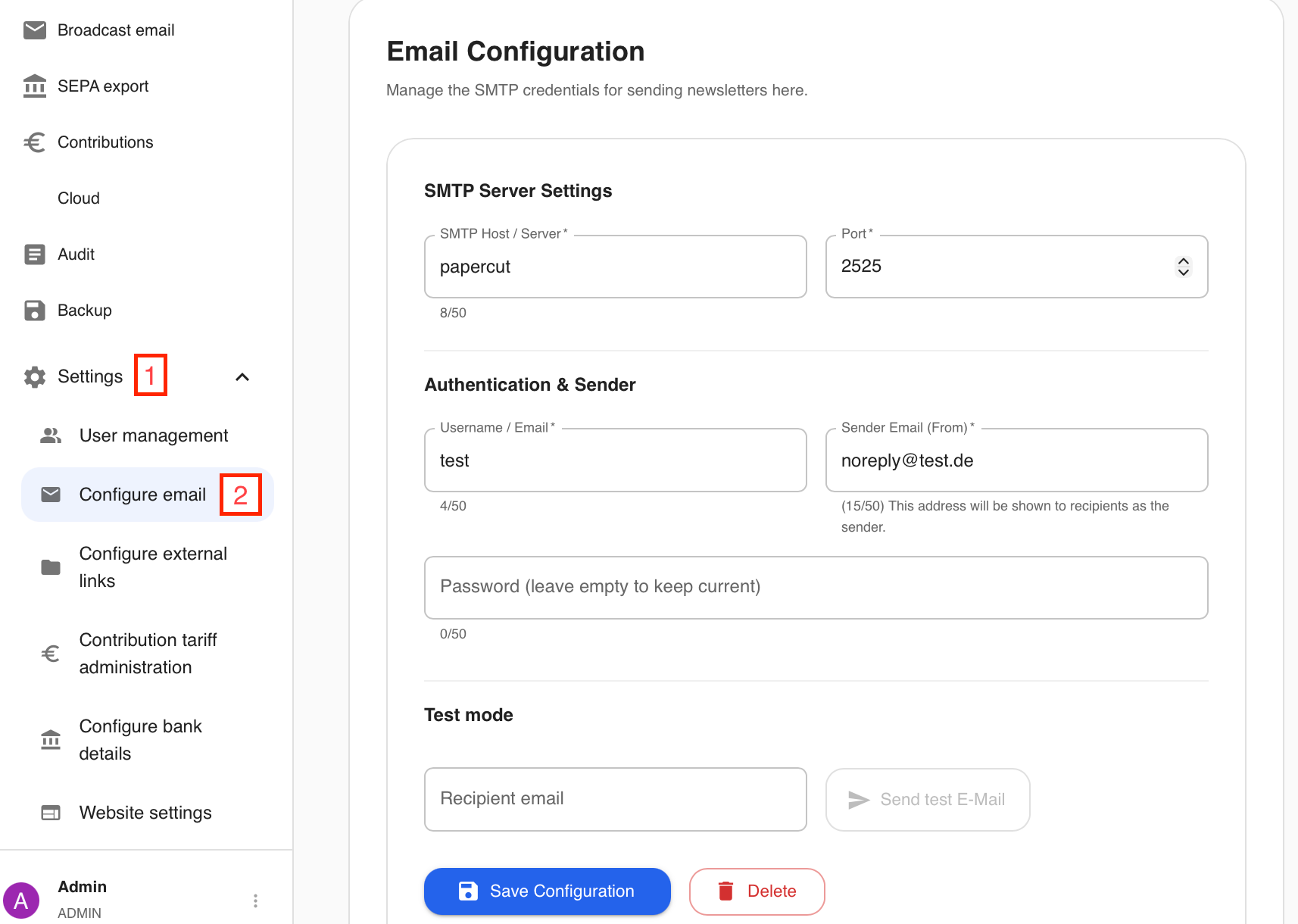 Screenshot configure mail