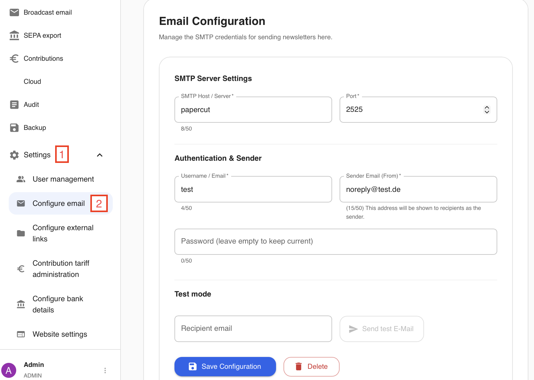 Screenshot configure mail