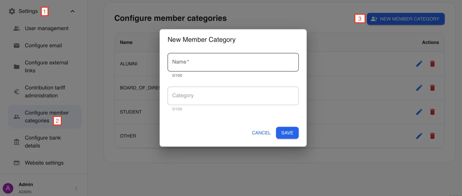 Screenshot configure member categories