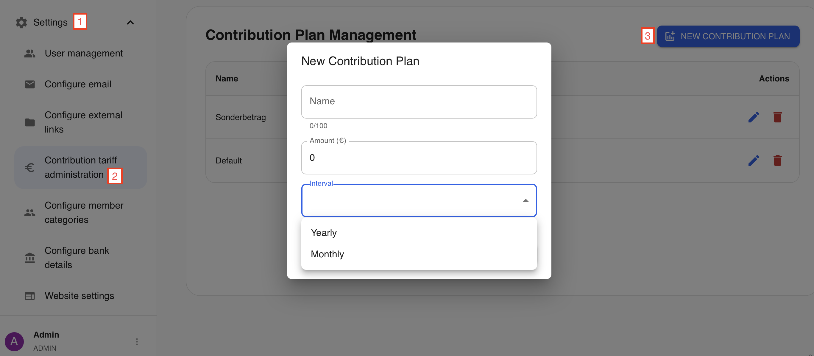 Screenshot contribution plan administration