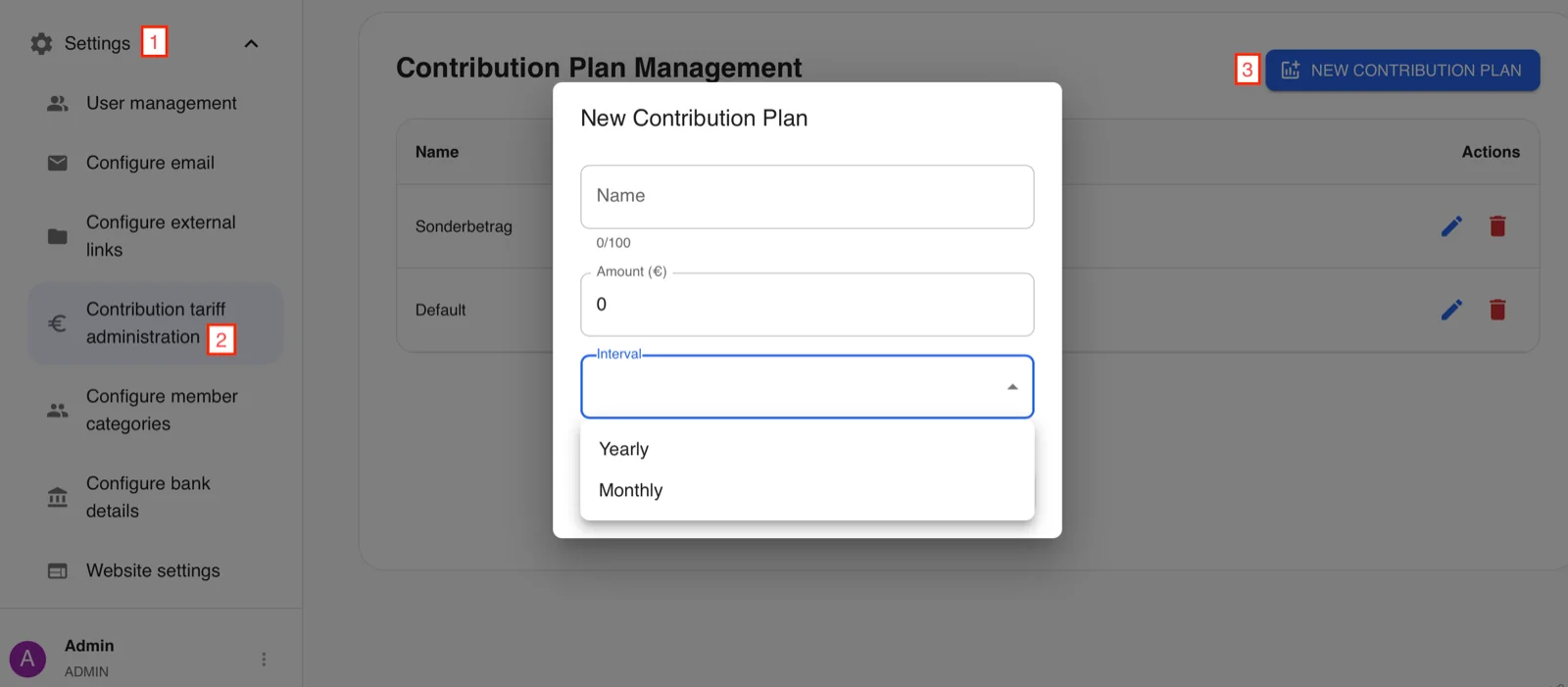 Screenshot contribution plan administration