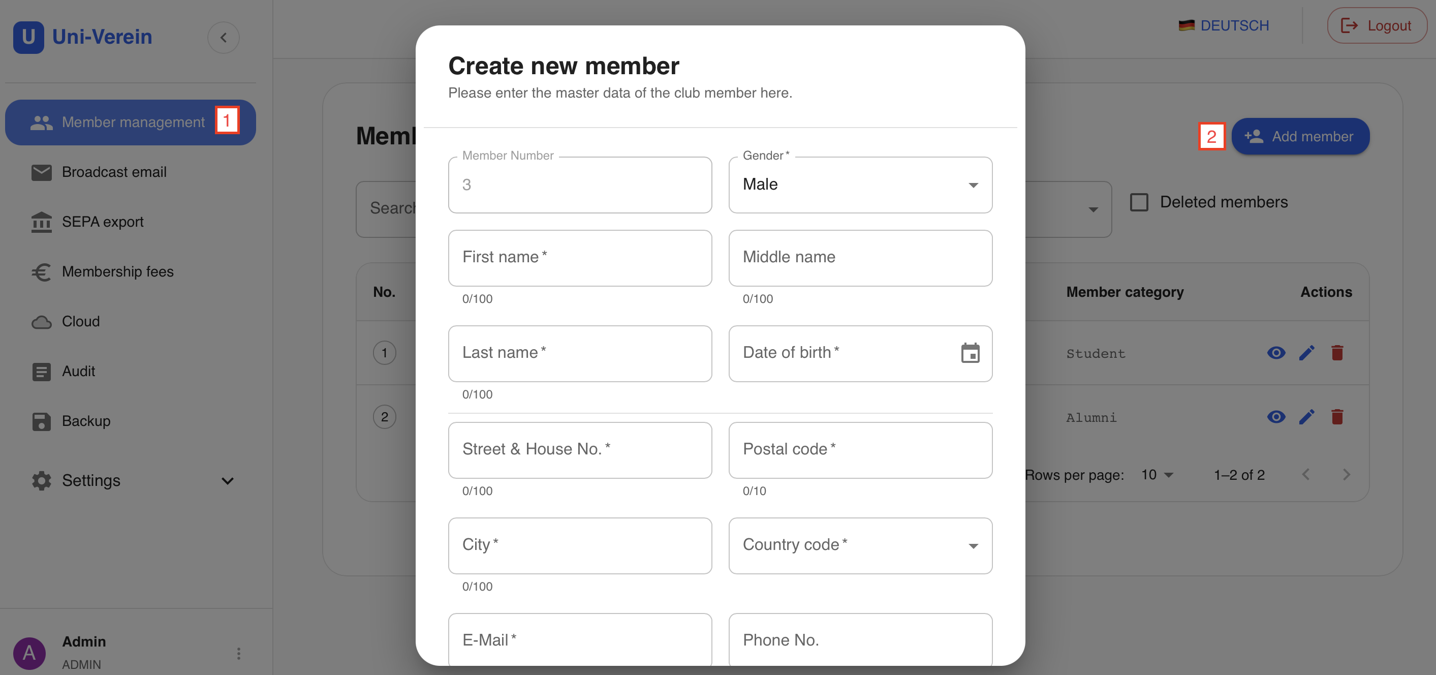 Screenshot create new member
