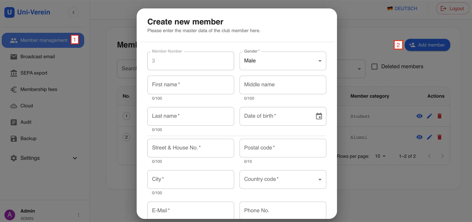 Screenshot create new member