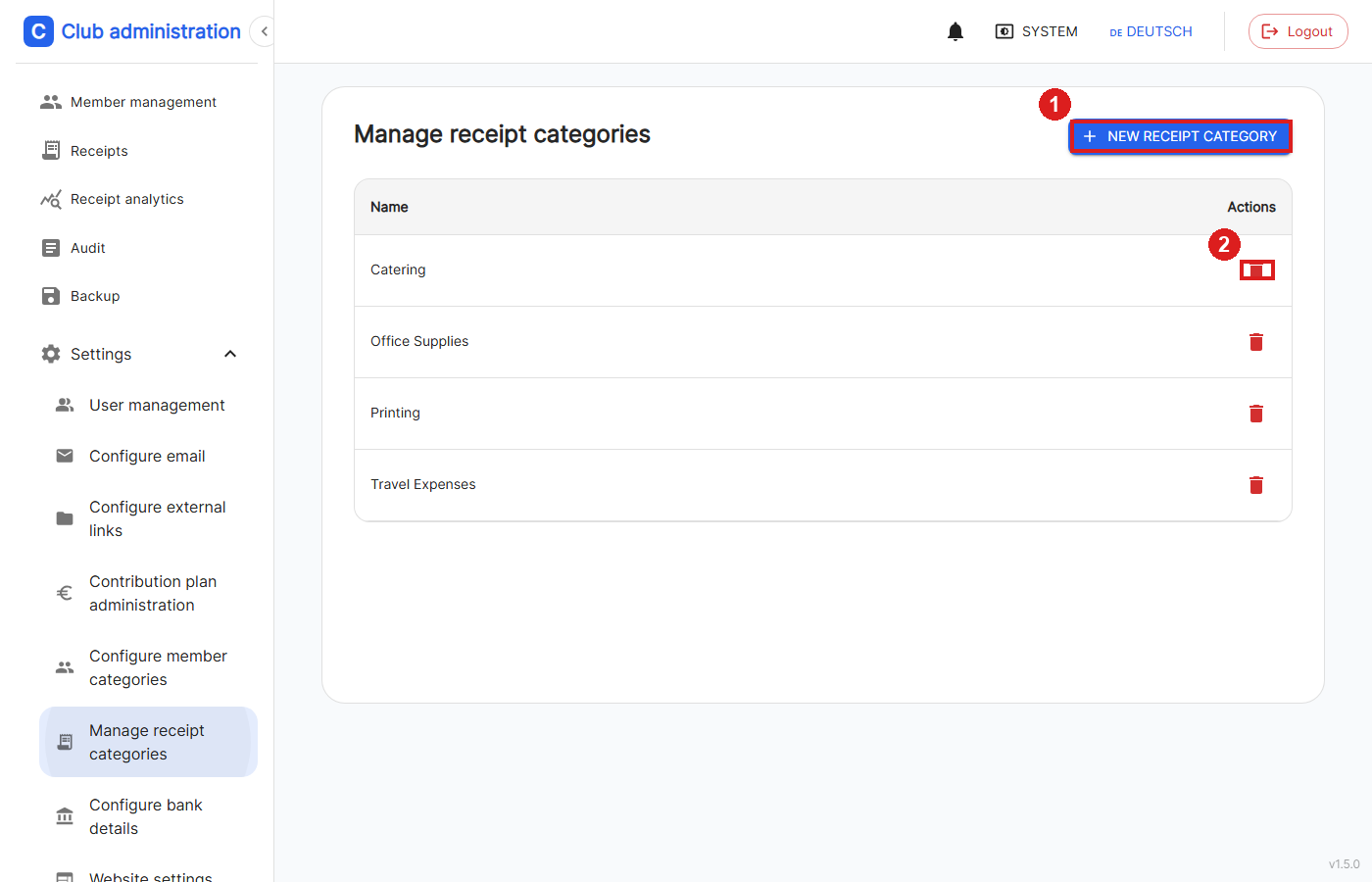 Screenshot receipt categories config