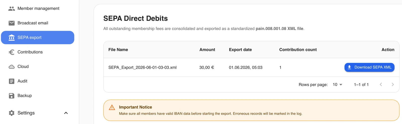 Screenshot SEPA Export