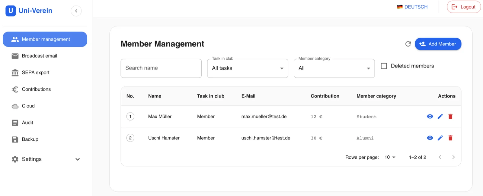 Screenshot member managment