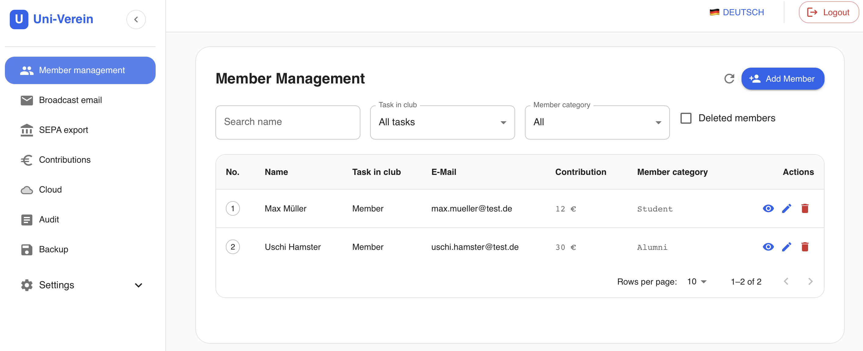 Screenshot member managment